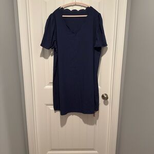 Navy Blue Scalloped V-Neck Dress